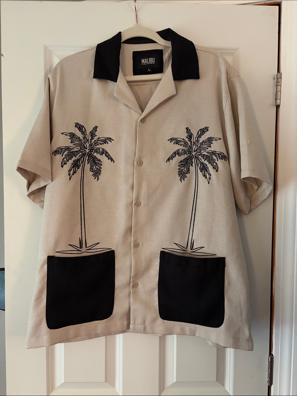 Malibu Beige Button-Up Shirt with Black Palm Motif
